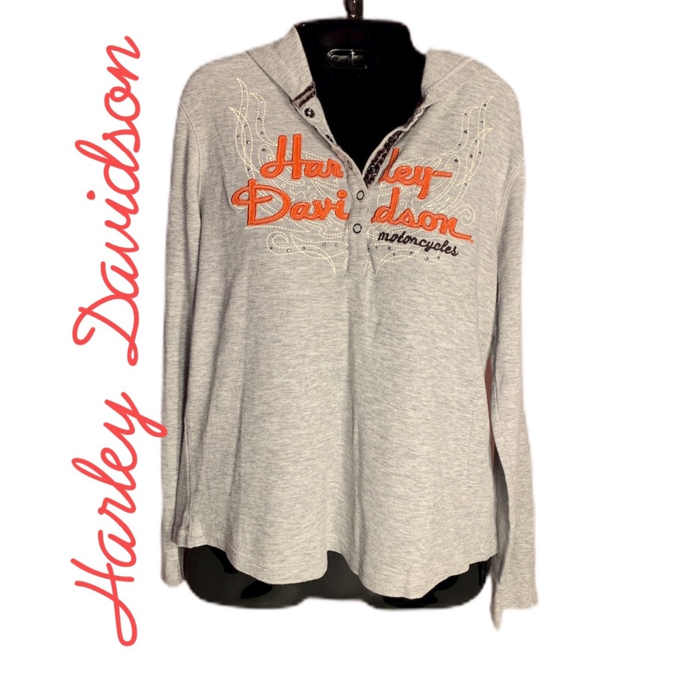 HARLEY DAVIDSON GRAY THERMAL SHIRT W/ HOODIE SZ XL